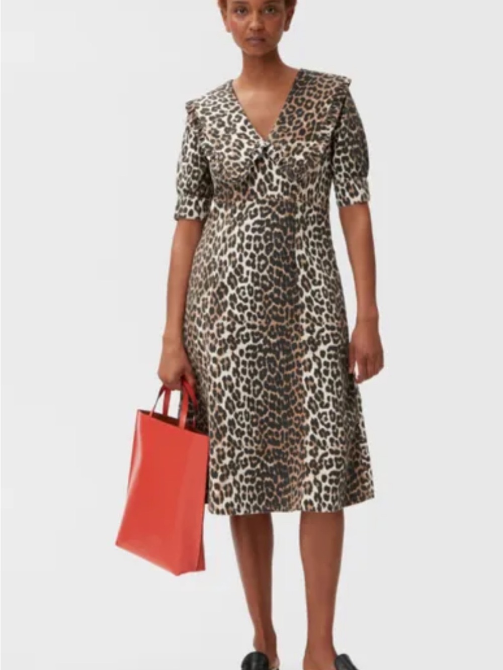 Ganni Leopard Print V-Neck Midi Dress - Brown/Tan/Black